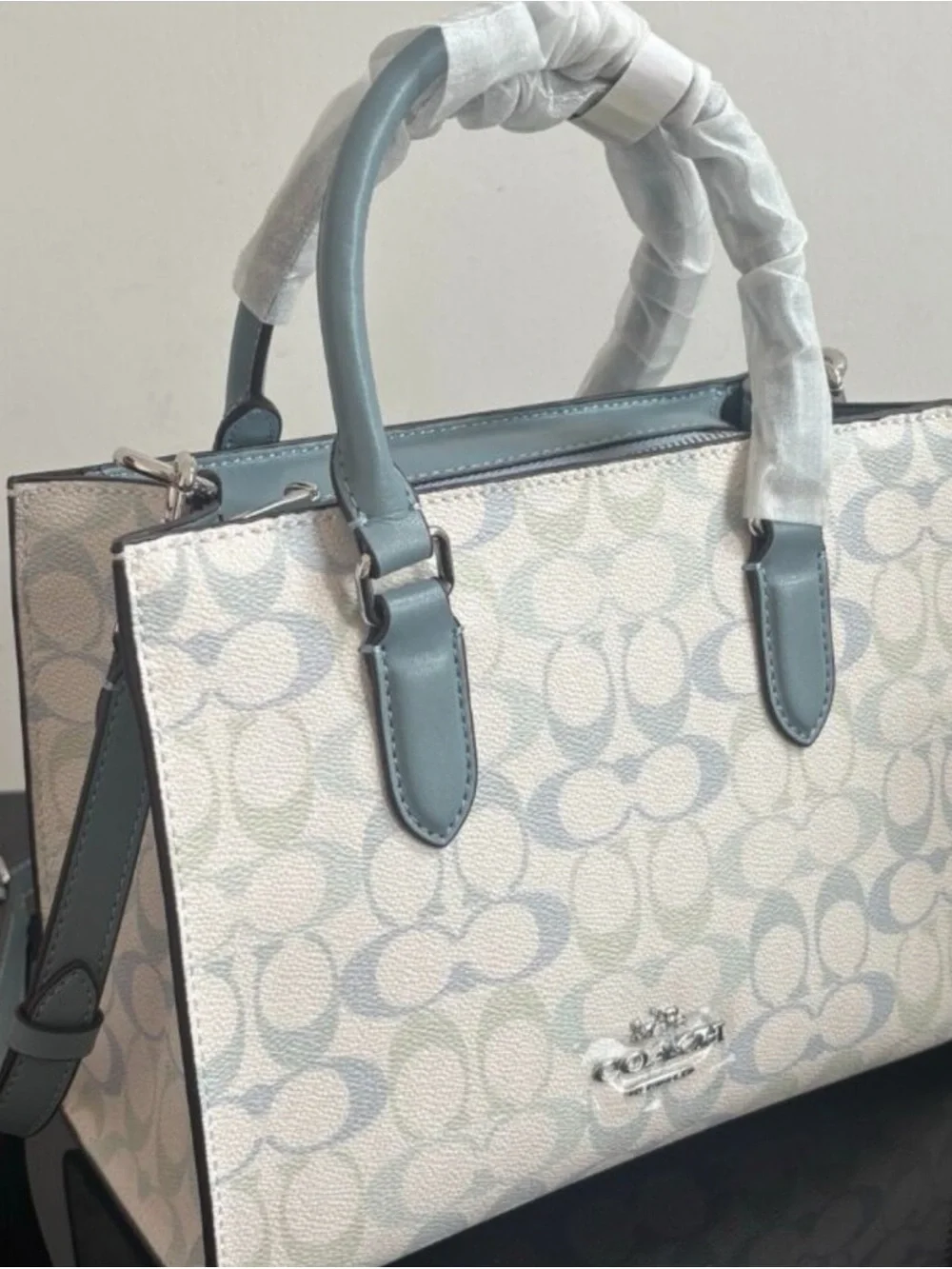 Coach Mini Satchel in Pale Blue and Ivory Signature Print